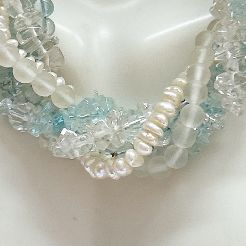 Lovely Aquamarine Pearl Topaz Quartz 5 Strand Torsade Necklace